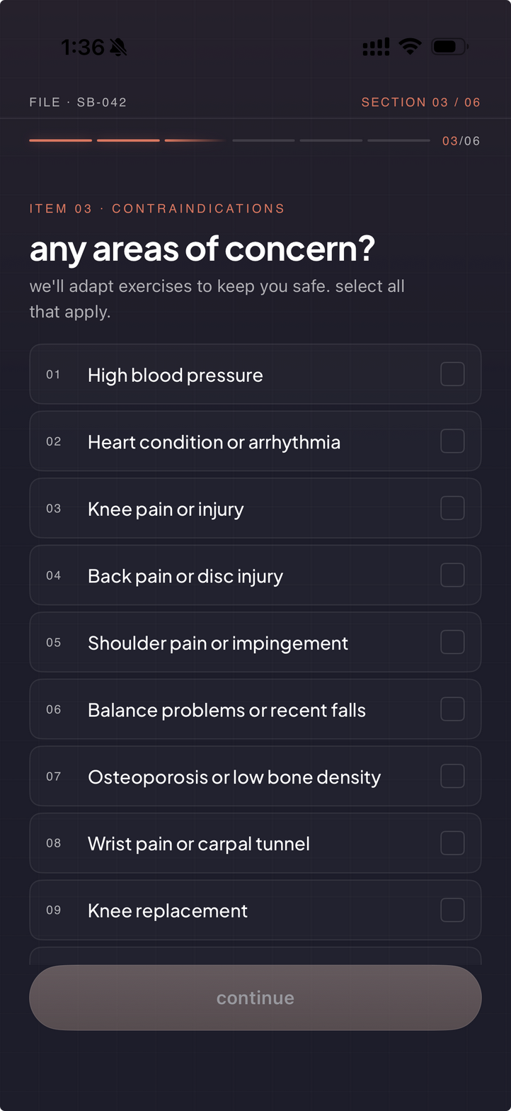 Condition-aware onboarding screen for joint and back considerations
