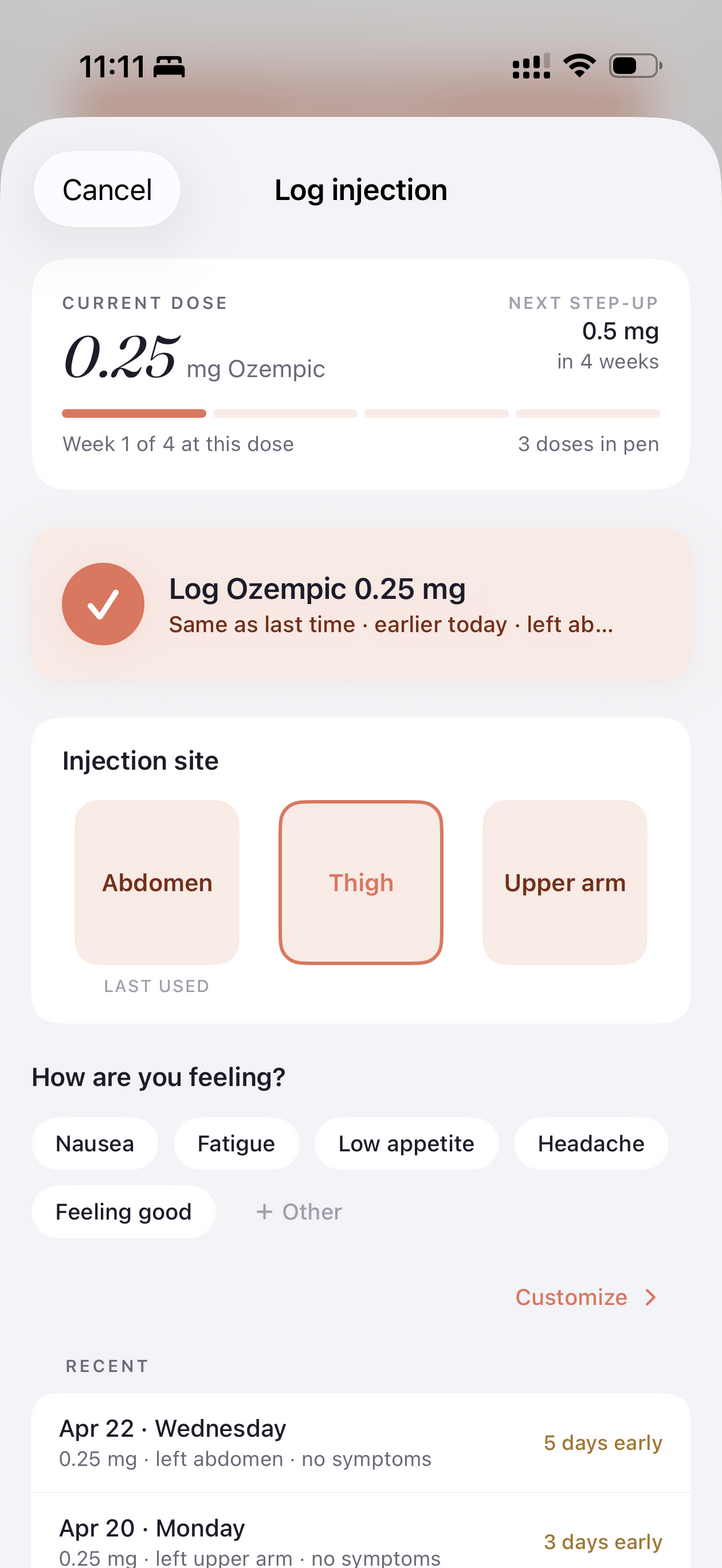 Injection logging screen with weekly schedule