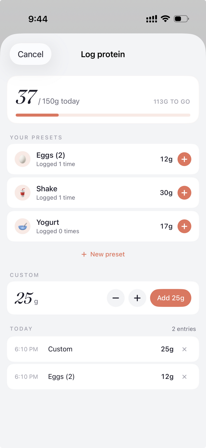 Protein logging screen with daily target and quick-tap presets