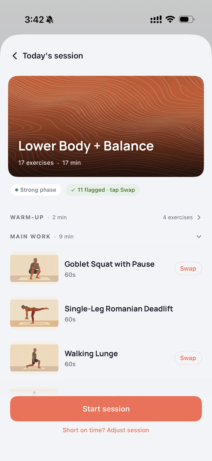 Today's workout session screen with exercise list and timer